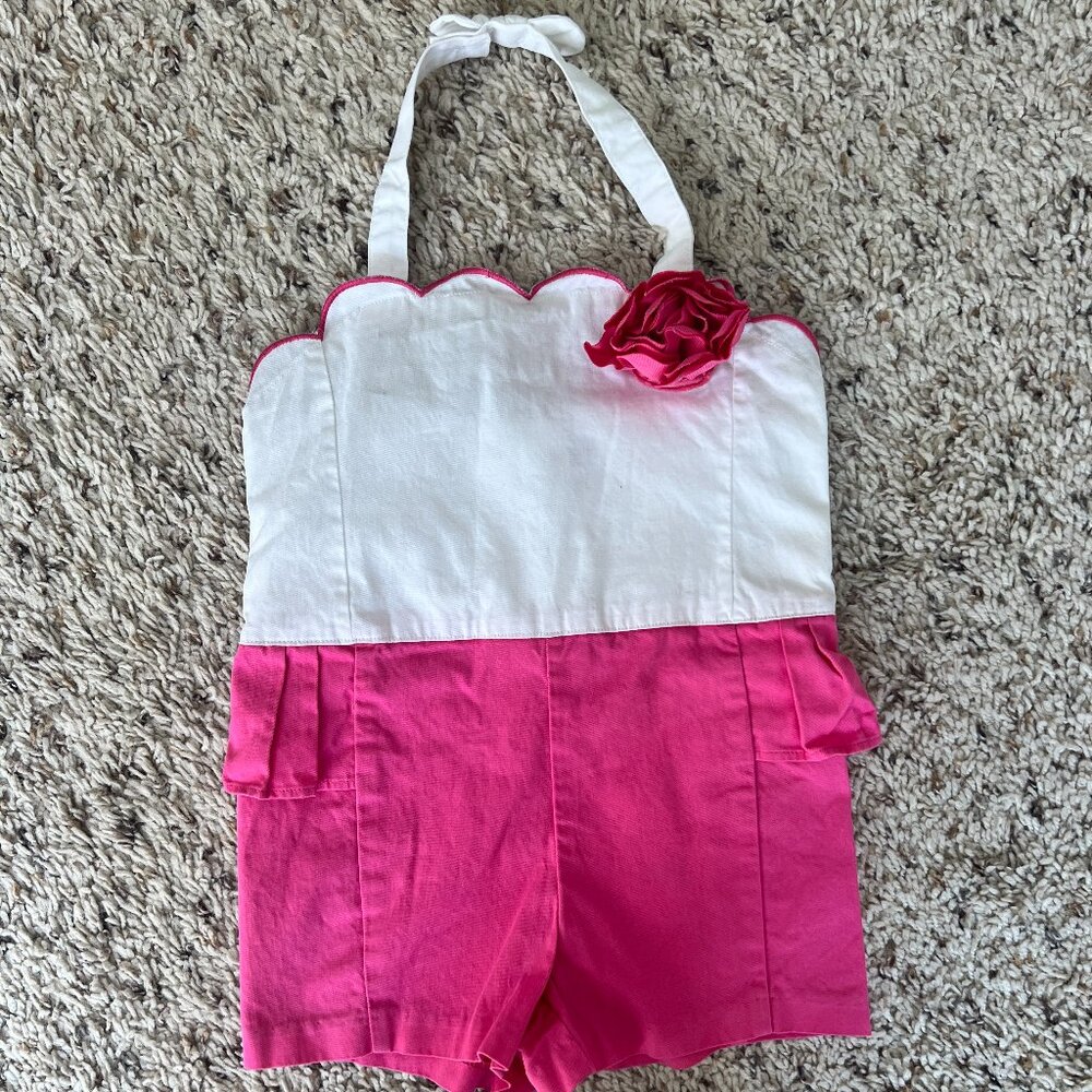 Janie Jack Rosette Colorblock Romper Pink White Flower 2T